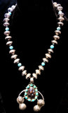 Navajo Sterling Silver, Fire Opal Bearing Agate, Turquoise, and Coin Necklace by Betty Yellowhorse
