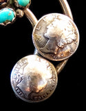 Navajo Sterling Silver, Fire Opal Bearing Agate, Turquoise, and Coin Necklace by Betty Yellowhorse