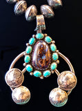 Navajo Sterling Silver, Fire Opal Bearing Agate, Turquoise, and Coin Necklace by Betty Yellowhorse