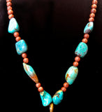 Navajo Sterling Silver, Copper, Turquoise, Red-Goldstone, and Coin Necklace by Betty Yellowhorse (SOLD)