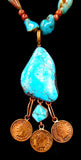 Navajo Sterling Silver, Copper, Turquoise, Red-Goldstone, and Coin Necklace by Betty Yellowhorse (SOLD)