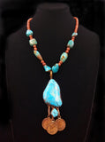 Navajo Sterling Silver, Copper, Turquoise, Red-Goldstone, and Coin Necklace by Betty Yellowhorse (SOLD)