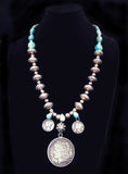 Navajo Sterling Silver, Turquoise, and Coin Necklace by Betty Yellowhorse (SOLD)