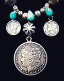 Navajo Sterling Silver, Turquoise, and Coin Necklace by Betty Yellowhorse (SOLD)