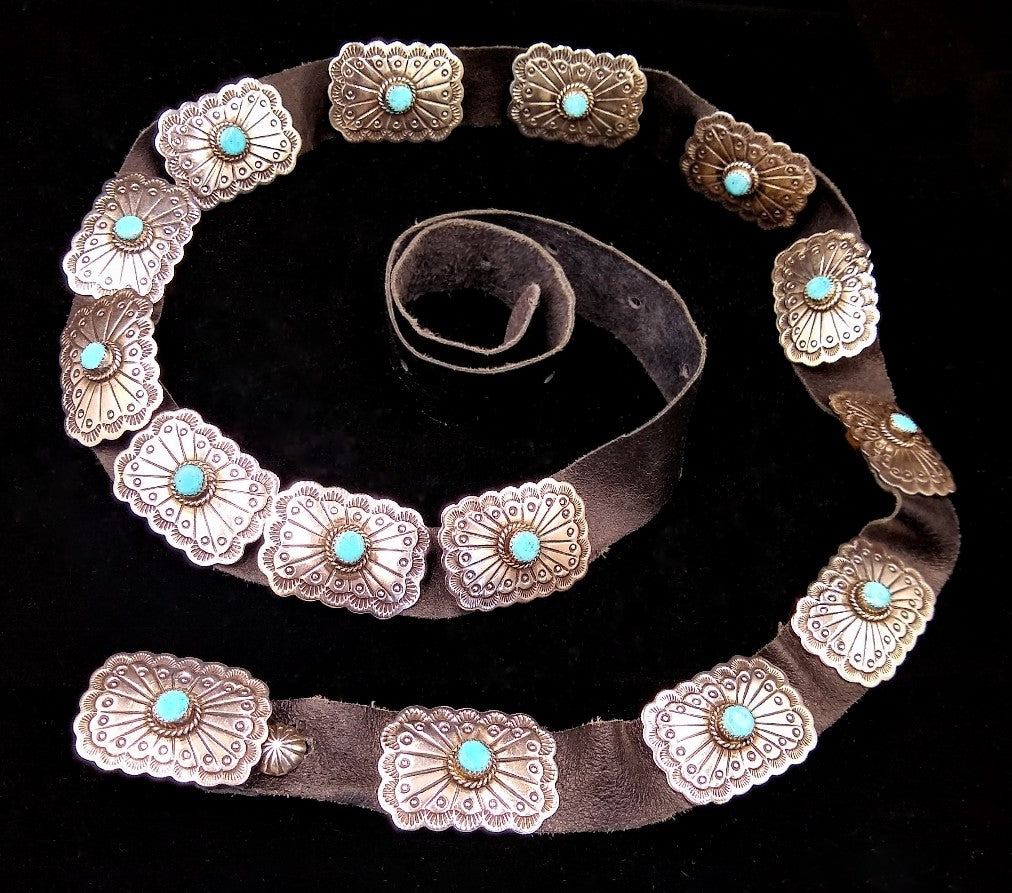 Navajo Sterling Silver and Turquoise Concho Belt by Albert and Jacqualine Cleveland