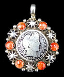Navajo Sterling Silver, Barber Half Dollar, and Spiny Oyster Pendant by Betty Yellowhorse