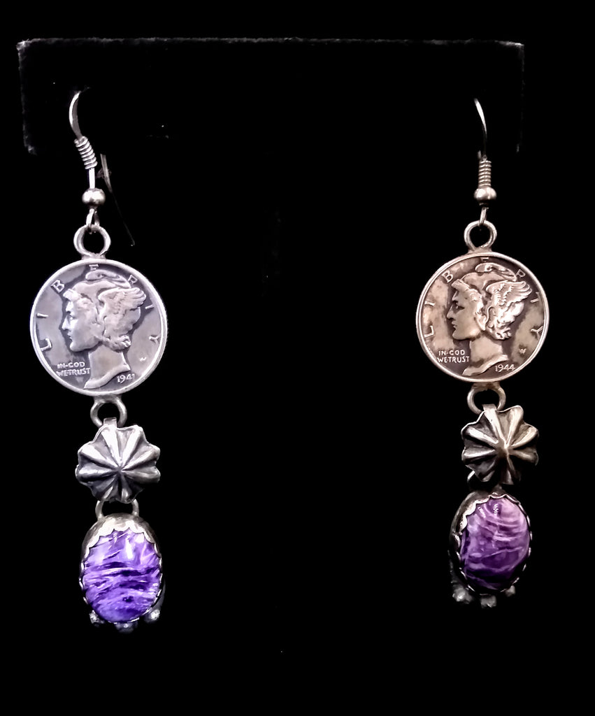 Navajo Sterling Silver and Charoite Earrings by Betty Yellowhorse