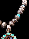 Navajo Sterling Silver, Fire Opal Bearing Agate, Turquoise, and Coin Necklace by Betty Yellowhorse
