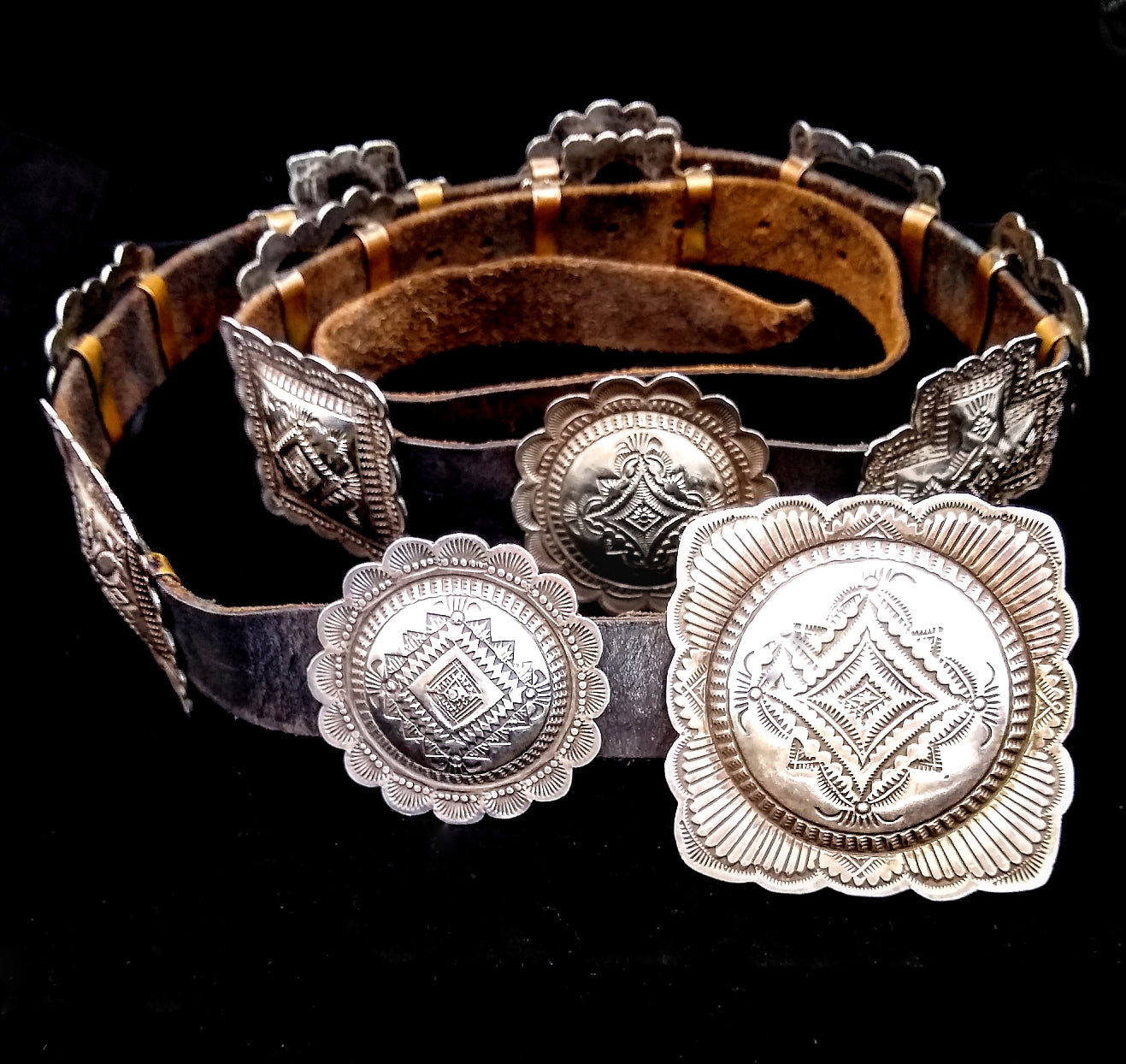 Vince Platero Vintage Native American Navajo Hand Tooled Sterling Silver Concho Belt Vince Platero Vintage Native American Navajo Hand Tooled Sterling Silver Concho Belt