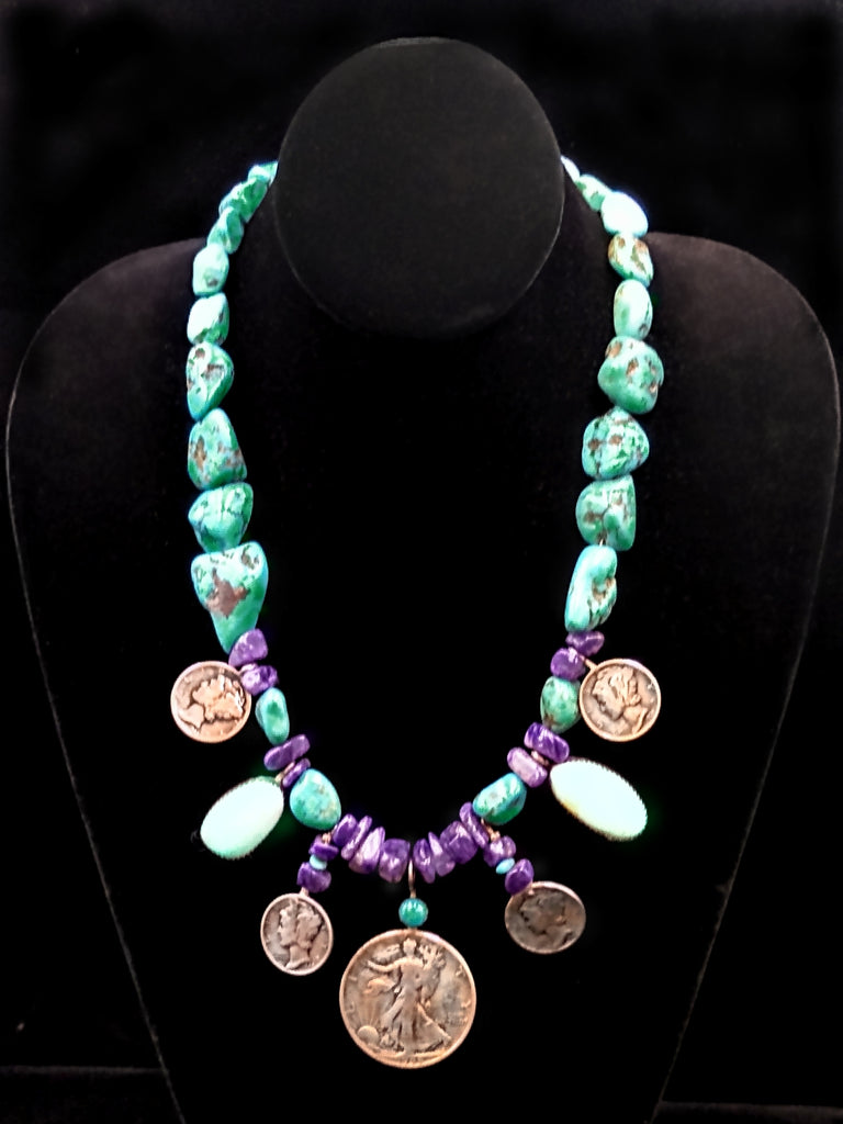 Navajo Turquoise, Charoite, and Sterling Silver Necklace by Betty Yellowhorse