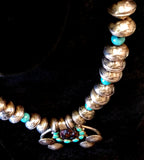 Navajo Sterling Silver, Fire Opal Bearing Agate, Turquoise, and Coin Necklace by Betty Yellowhorse