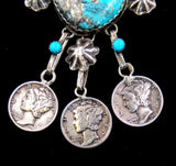 Navajo Sterling Silver, Turquoise, and Coin Necklace by Betty Yellowhorse (SOLD)