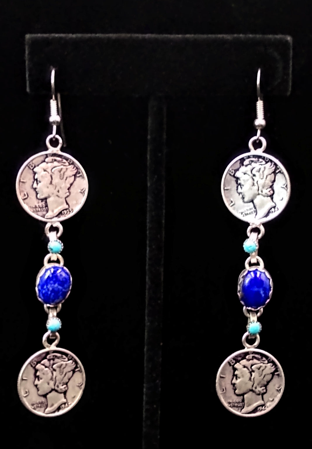 Unique Native American Navajo Silver 1944 Dimes Blue Gem Turquoise Sterling Silver Earrings