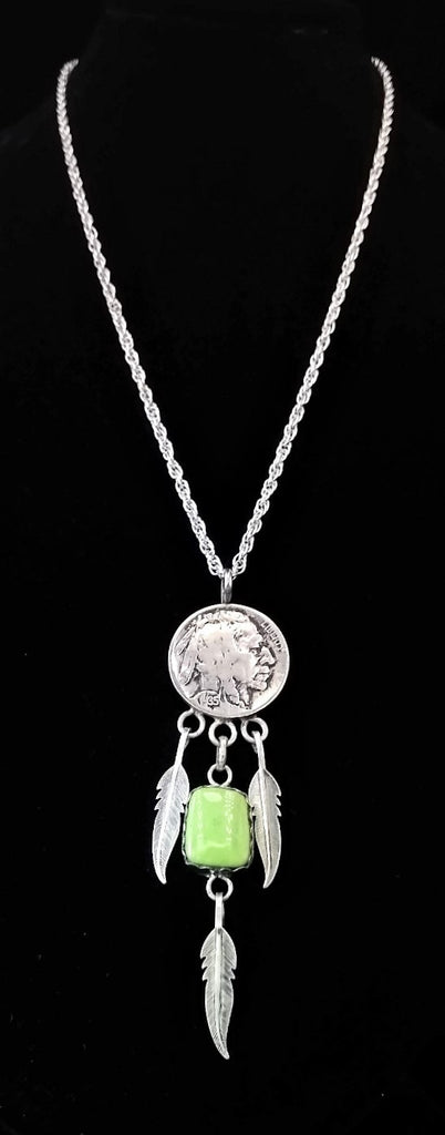Navajo Sterling Silver, Gaspeite, and Buffalo Nickel Necklace by Betty Yellowhorse